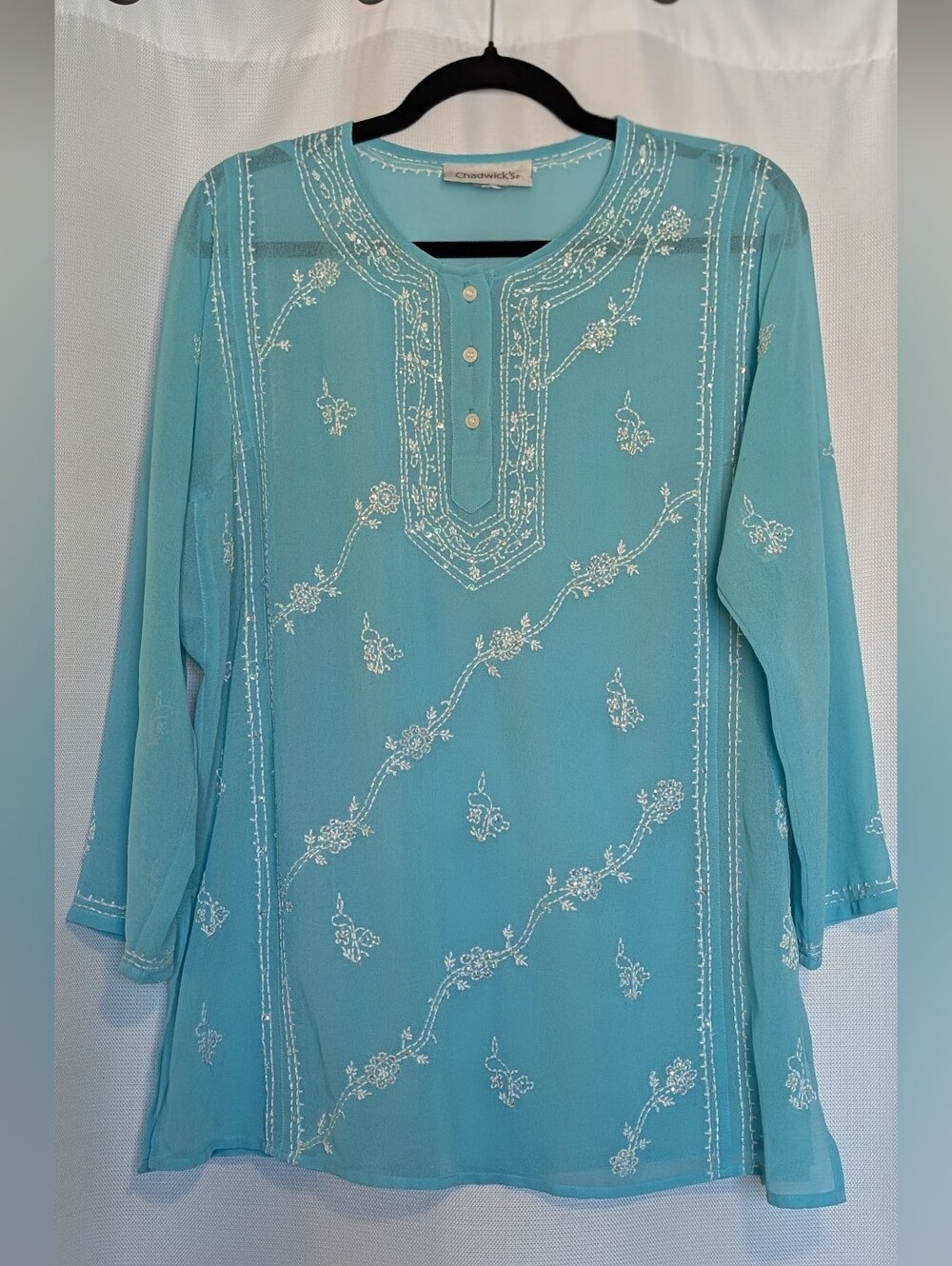 Chadwick's Pale Teal Blue Sheer Sequin Embellished 3/4 Sleeve Tunic Blouse Sz L